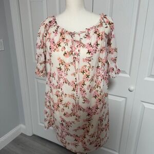 New Collection Pink Floral Off Shoulder Mini Dress Smocked Sleeve Made in Italy